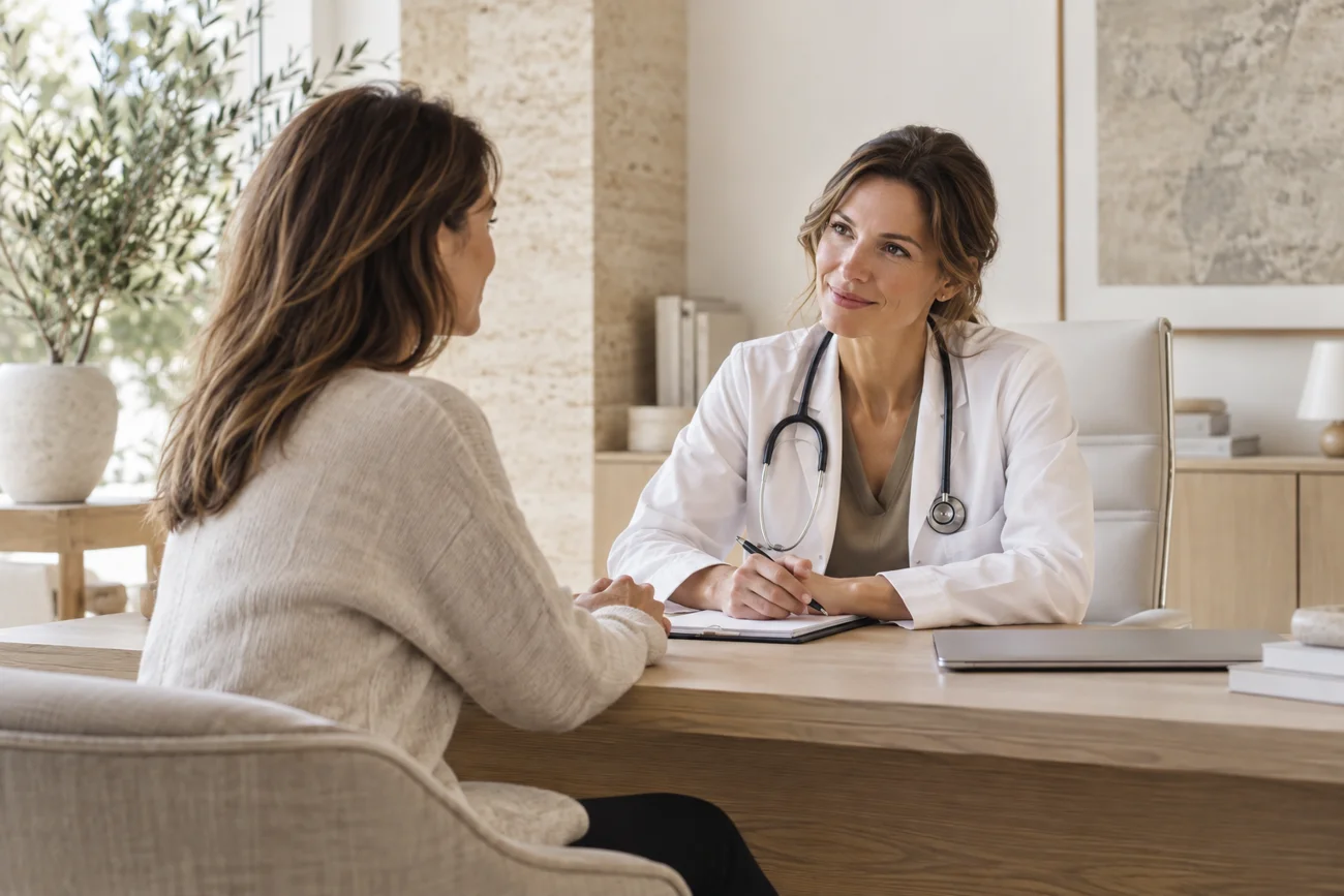 Escena ilustrativa de una consulta médica cercana